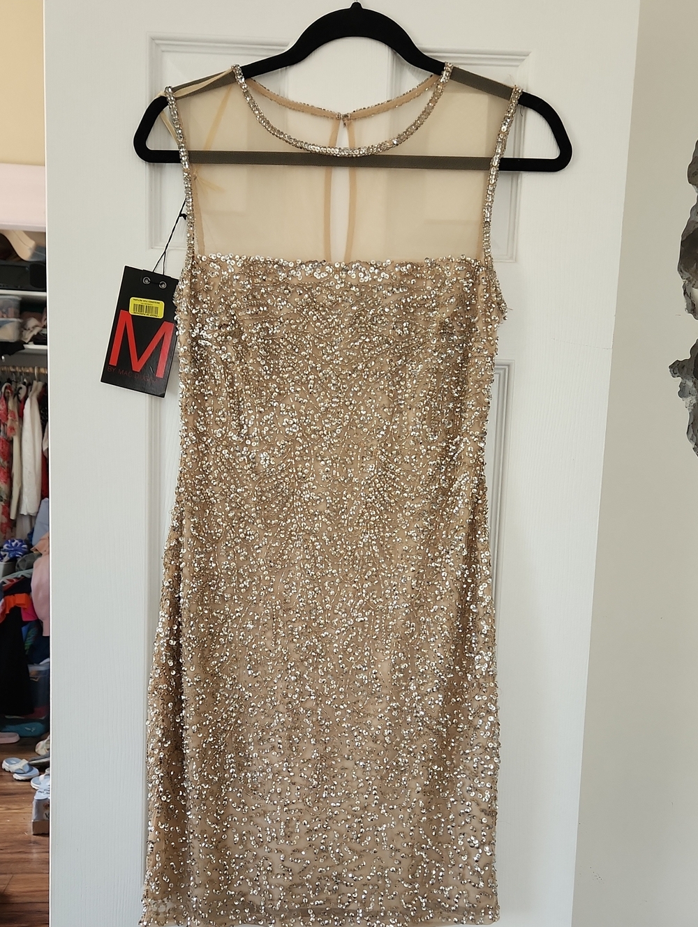 Mac Duggal Champagne Sequin Sheath Mini Dress